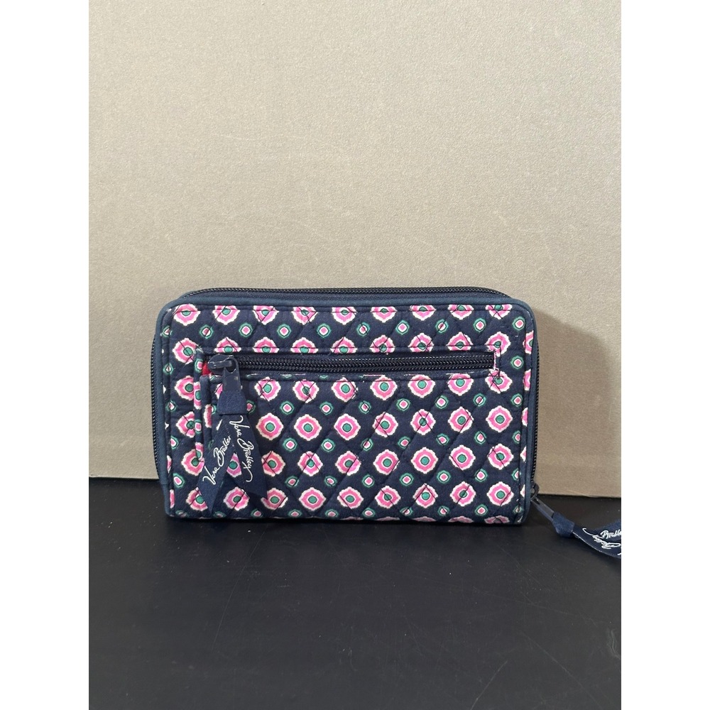 Vera Bradley Turnlock Wallet Navy Pink Green Geometric Quilted Cotton Zip Around - Picture 2 of 6